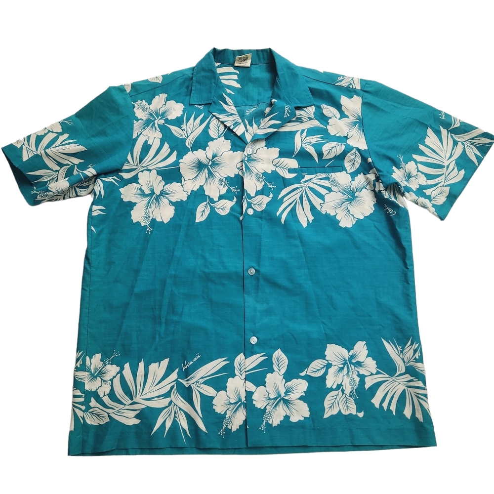 Hawaiian Royal Creation Men’s Teal Blue White Hibiscus shirt Size L
